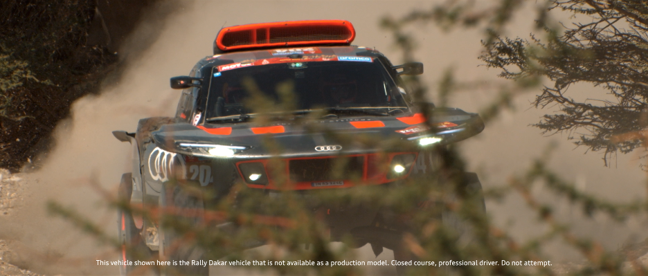 Rallyeauto bei der Rally Dakar, fährt durch eine Staubstraße in einer Dünenlandschaft, Staub wirbelt auf.