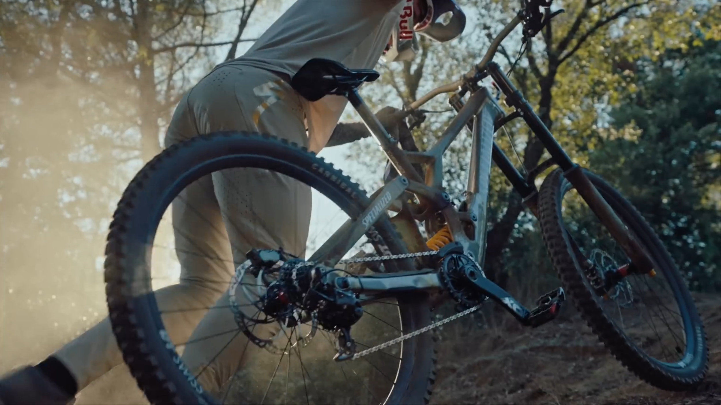 Ein Mountainbike mit einem Fahrer auf unebenem, schattigem Waldboden.