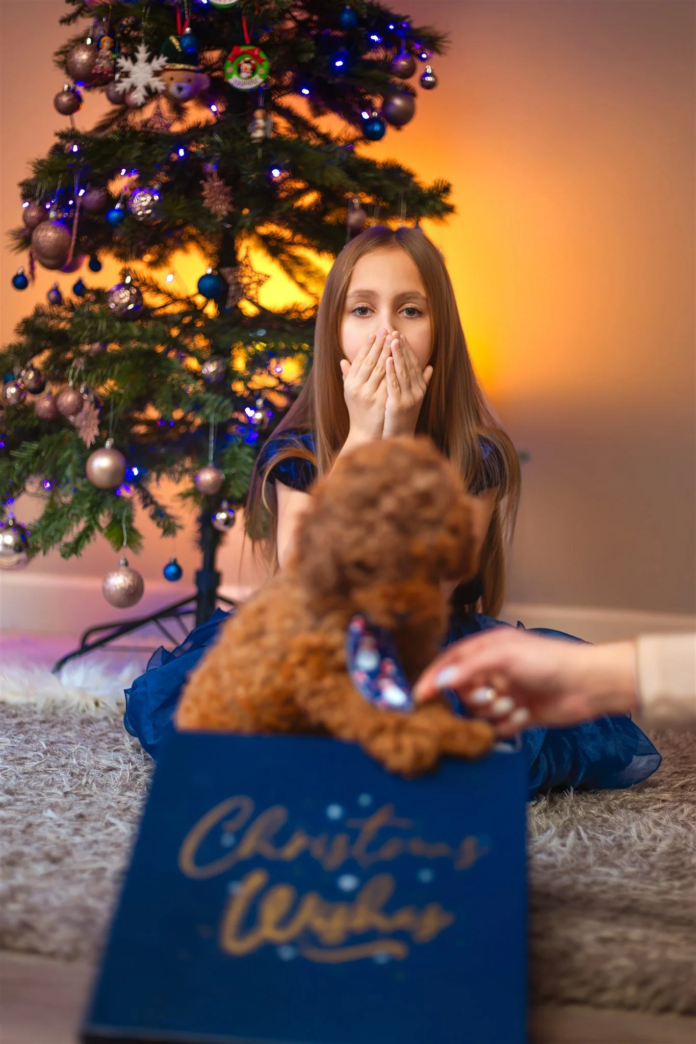 A young girl in a blue dress sits on a fuzzy rug, surprised, covering her mouth with her hands. A dog is climbing out of a gift box reading “Christmas Wishes” in front of a decorated Christmas tree with warm, glowing lights.