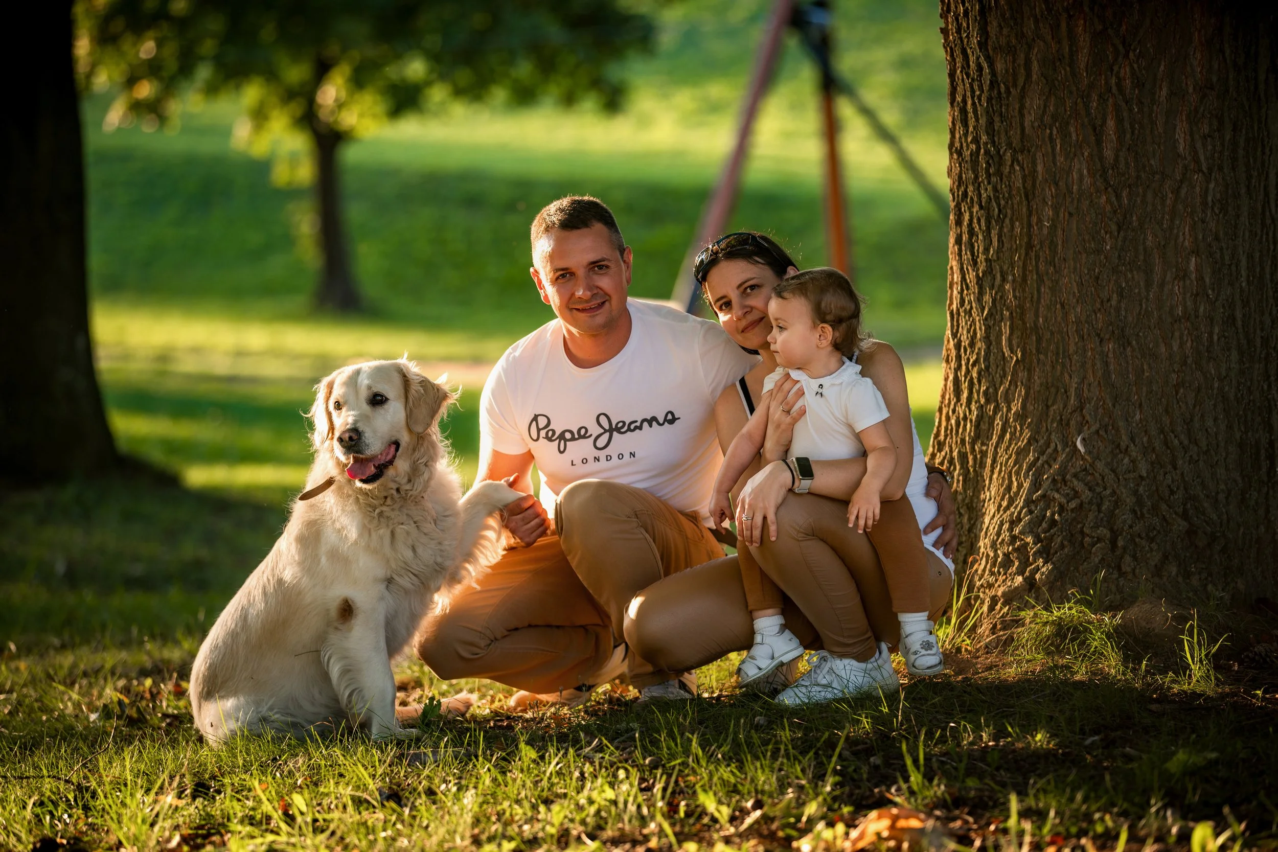 Portrait of a family with a toddler and a dog sits happily near a tree in a sunlit park. The scene conveys warmth and togetherness, with lush green grass around them.