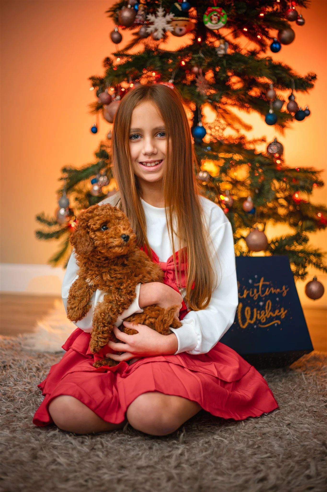 Portrait of a young girl with long hair smiles, holding a fluffy dog in front of a decorated Christmas tree with glowing lights. Festive and warm atmosphere.