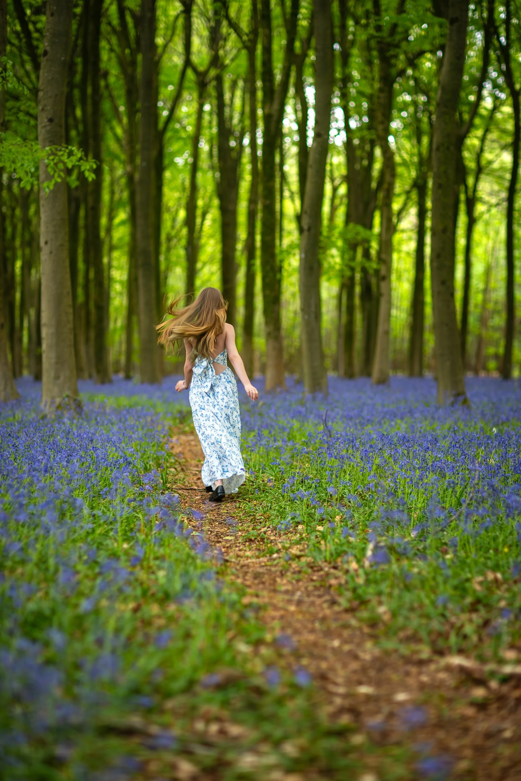 A young girl walking along a woodland path surrounded by blooming bluebells, with soft spring light filtering through the trees.