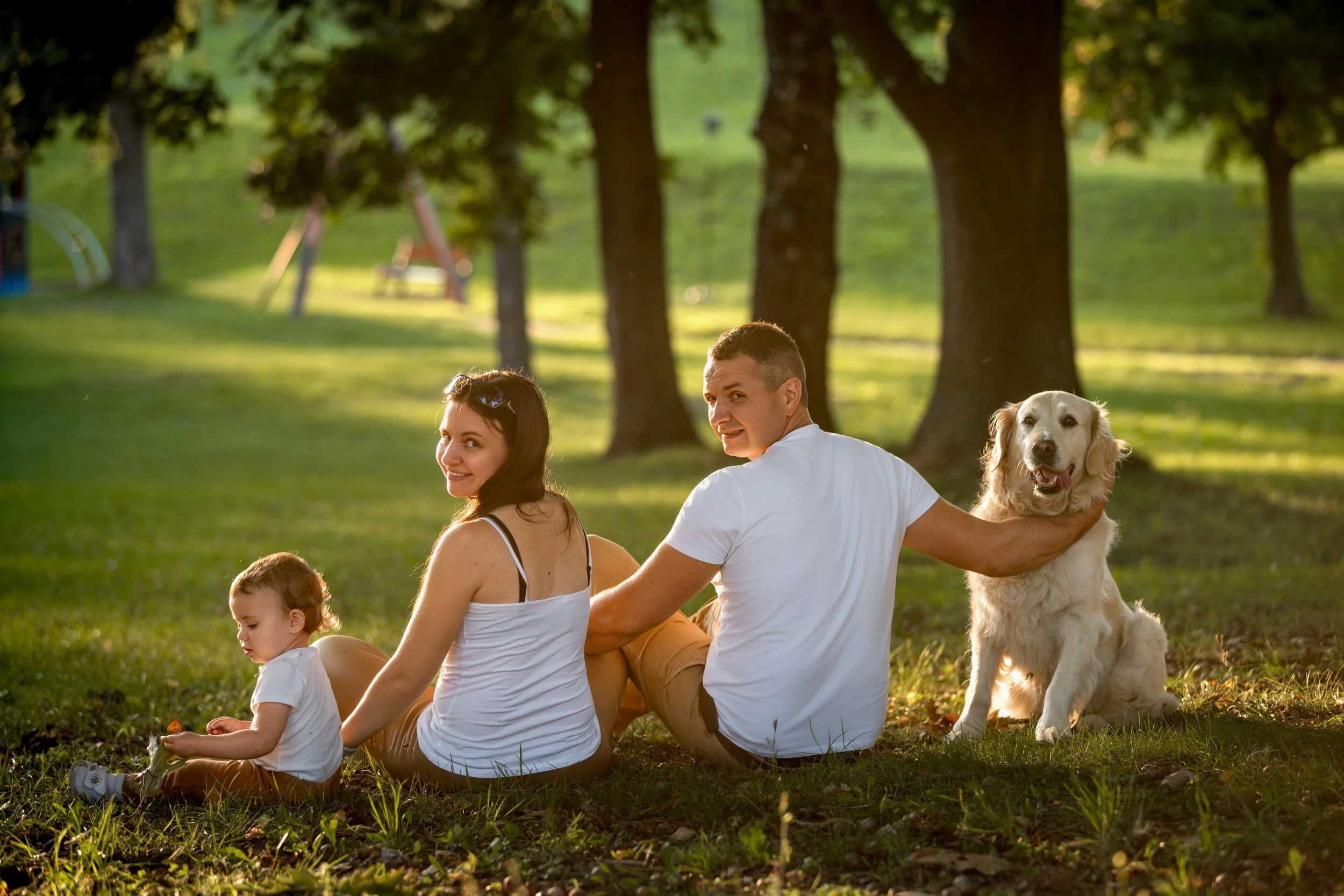 Portrait of a family of three sits on grass in a sunny park, smiling at the camera. A golden retriever sits beside them, adding to the warm, joyful scene.