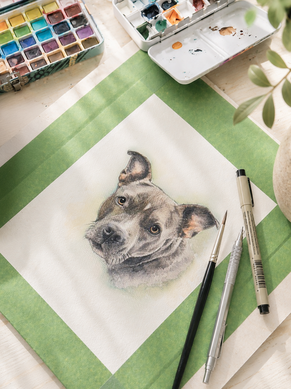 Custom watercolor pet portrait created from a photograph and painted by hand on wood