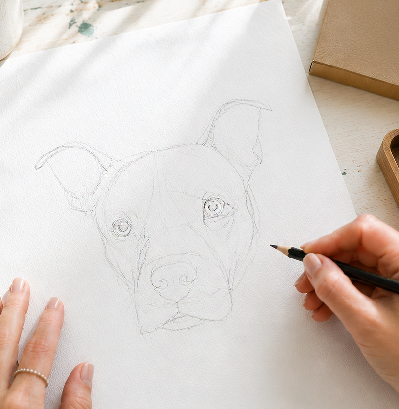 Custom portrait process showing photograph translated into drawing, engraving and watercolor artwork on wood