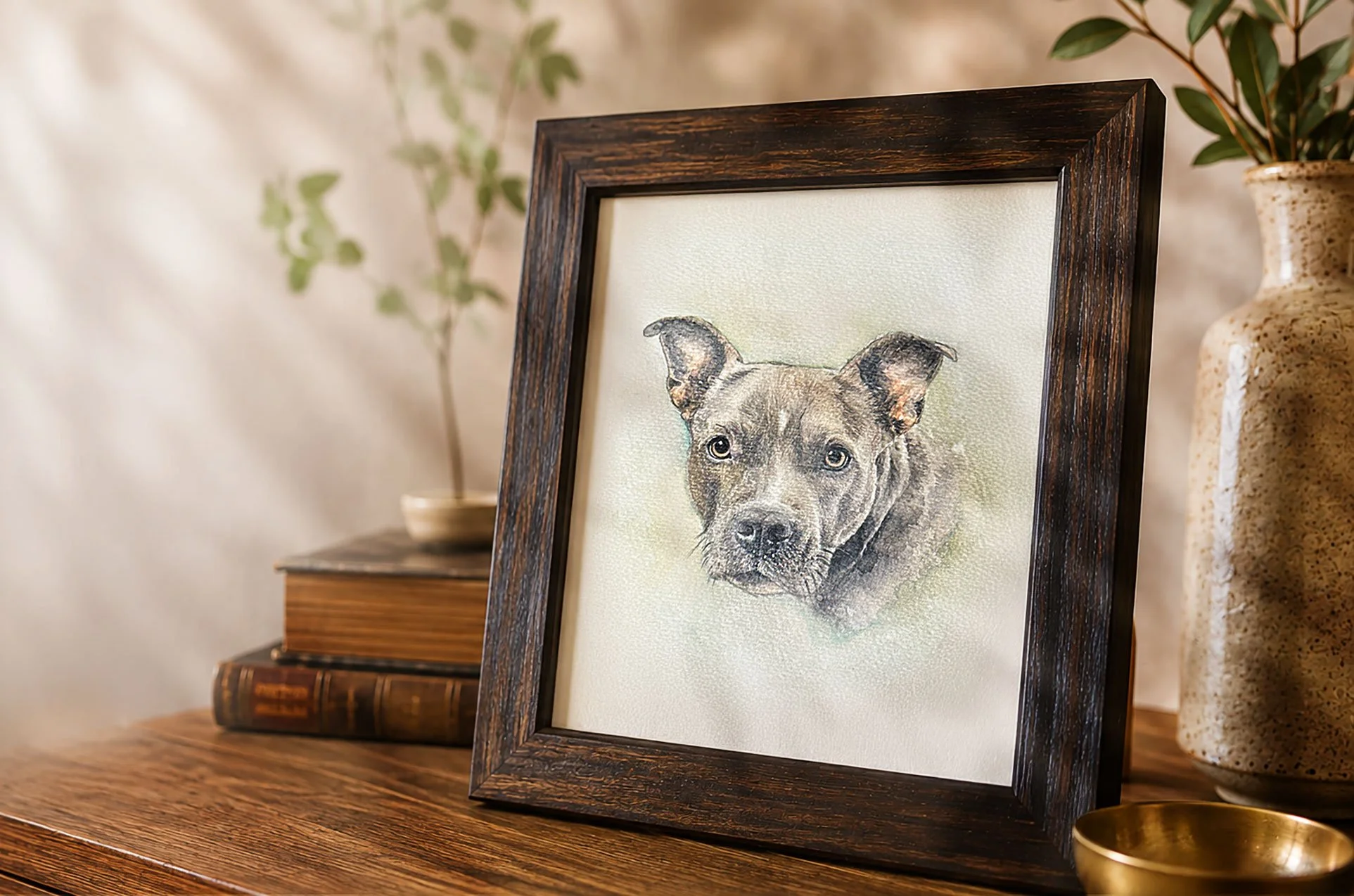 Custom hand-painted watercolor family portrait on wood in a handcrafted hardwood frame by SoulAtelier
