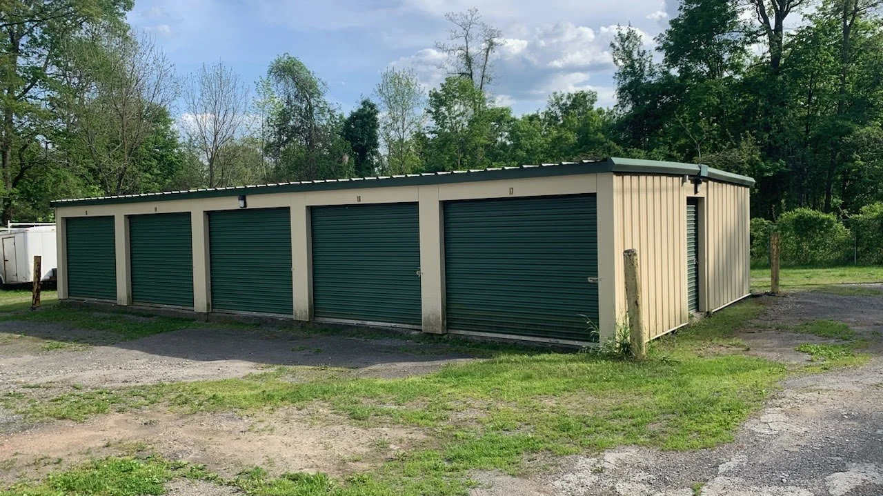 A row of five storage units with green roll-up doors, numbered 16 to 20, next to a grassy area with trees in the background.