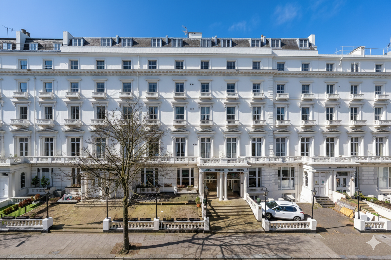 White multi-story hotel with multiple balconies and windows, parked cars in front, leafless tree, street lamps, and a clear blue sky.