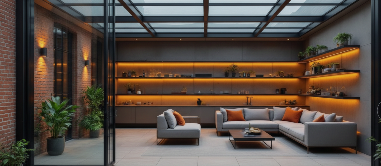 Modern living room with a glass ceiling, gray sectional sofa with orange and gray pillows, wooden coffee table, illuminated wooden shelves with plants and decor, brick wall with warm lighting, and potted plants outside visible through large glass doors.