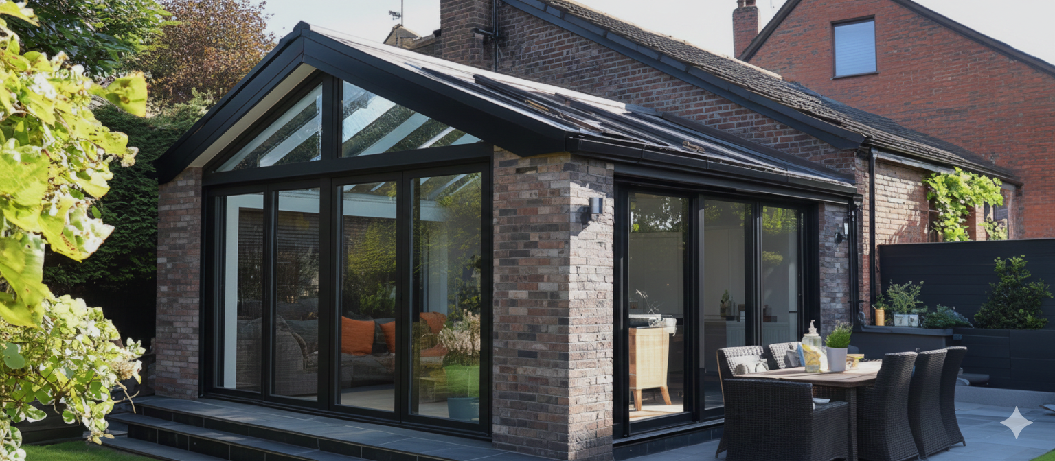 Modern backyard patio with a glass-enclosed sunroom attached to a brick house, outdoor dining table with six chairs, potted plants, and surrounding greenery.