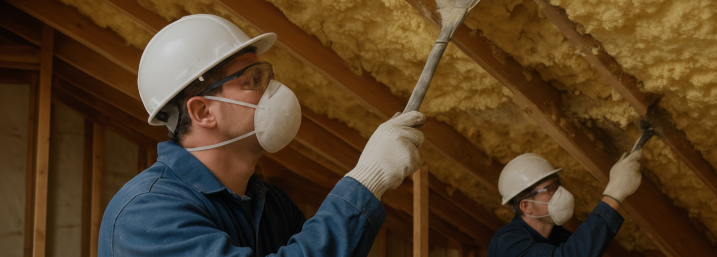 Two construction workers wearing hard hats, masks, gloves, and safety glasses installing insulation in an attic ceiling.