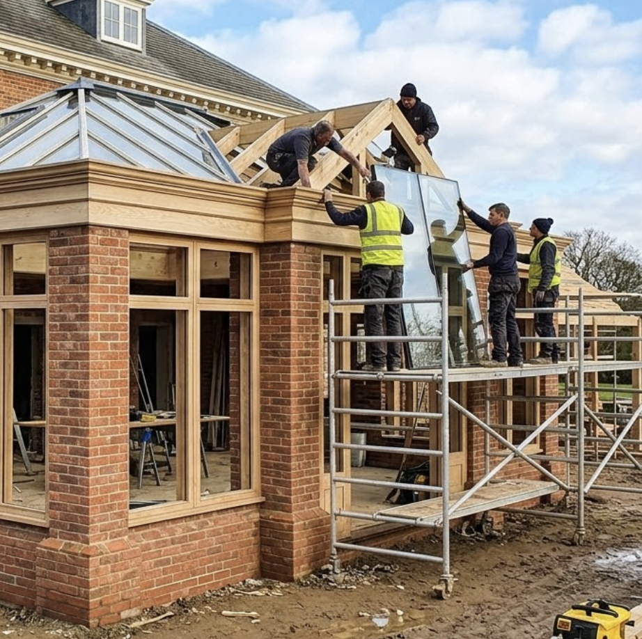 Construction workers installing a large glass window on the upper floor of a brick house, with scaffolding set up around the work area during the daytime.