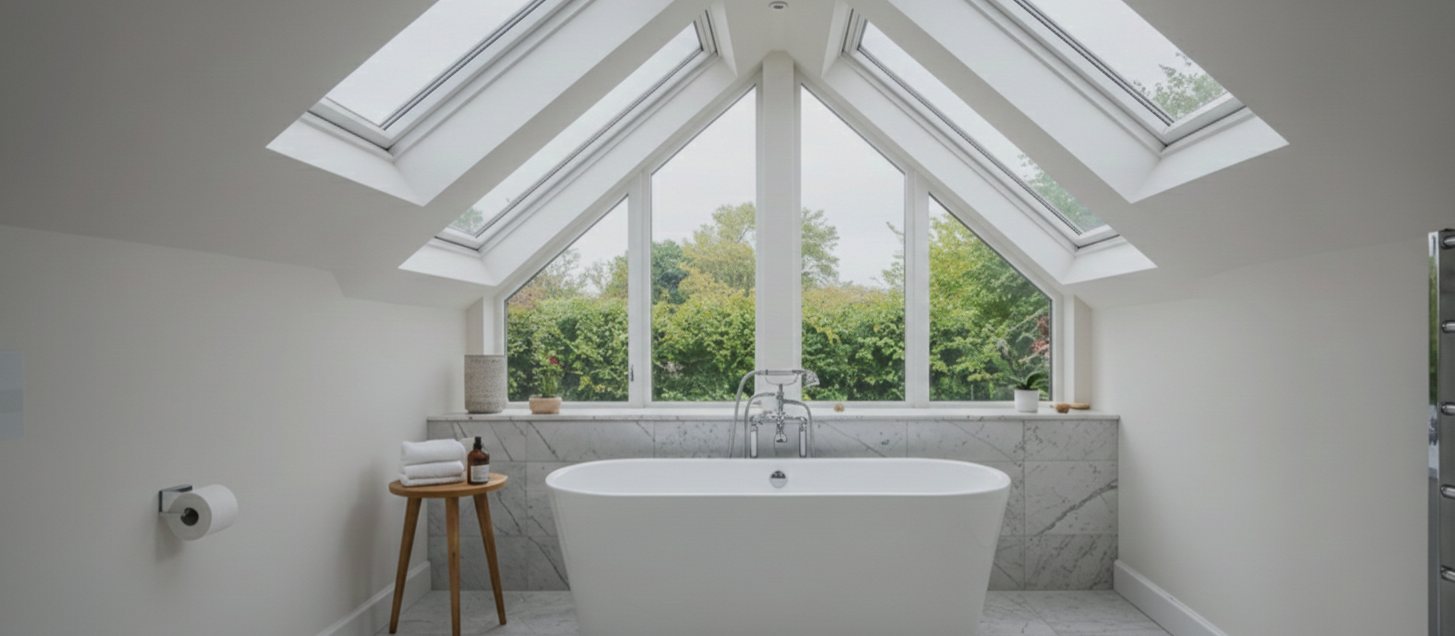 Modern bathroom with a freestanding bathtub in front of large windows with skylights, overlooking green trees outside.