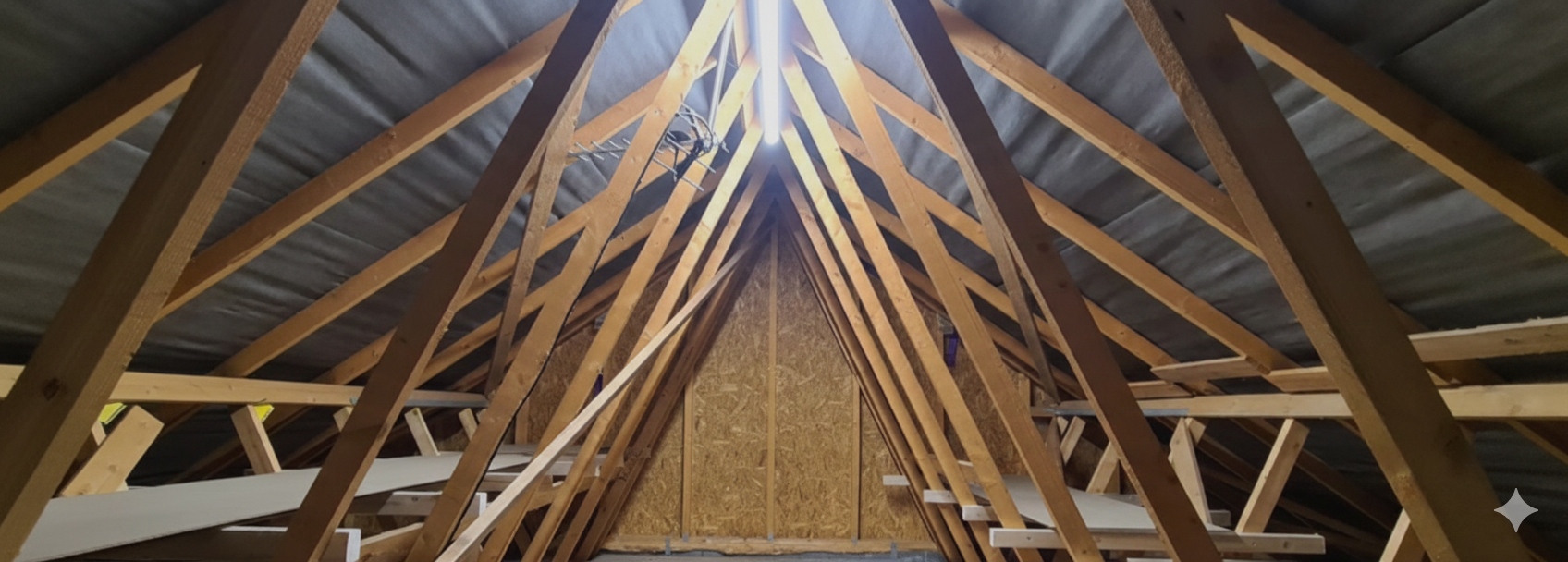 Interior of an unfinished attic showing exposed wooden roof trusses and framing, with insulation visible under the roof.