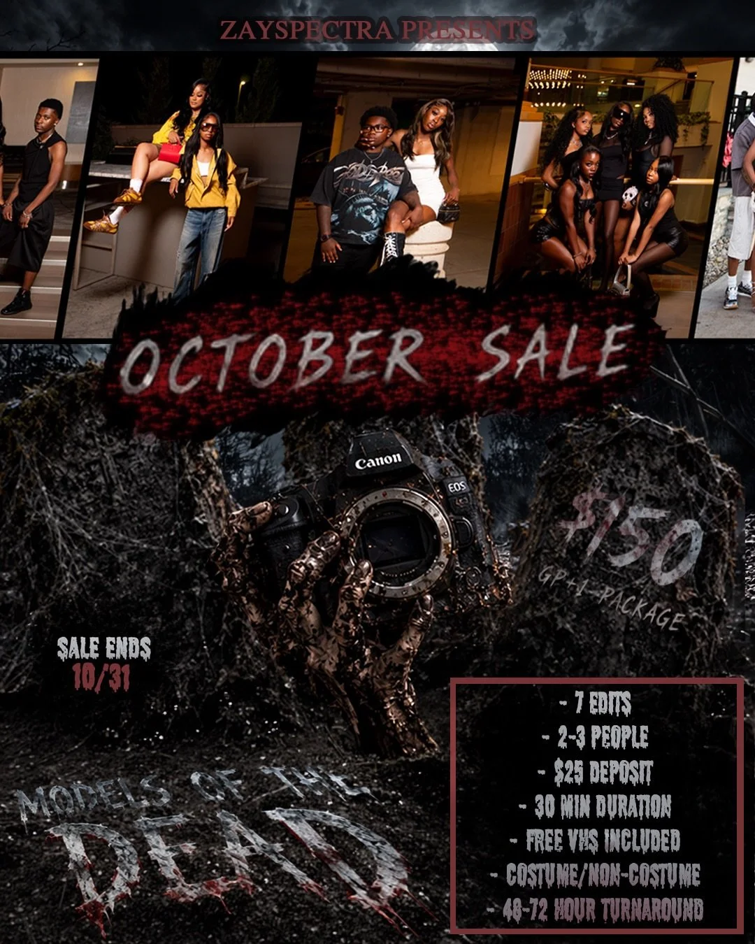 !SPOOKY SEASON IS UPON US!
&bull;
Grab your ghouls and ghyals and survive the shoot with Zayspectra! All group +1 shoots for the month of October are now on sale from $185 to $150! Whether your shoot is halloween related or just a night out filled wi
