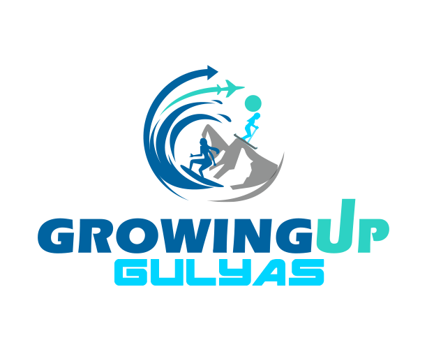 Logo with stylized waves and silhouettes of children climbing, with the text 'Growing Up Gulyas'.