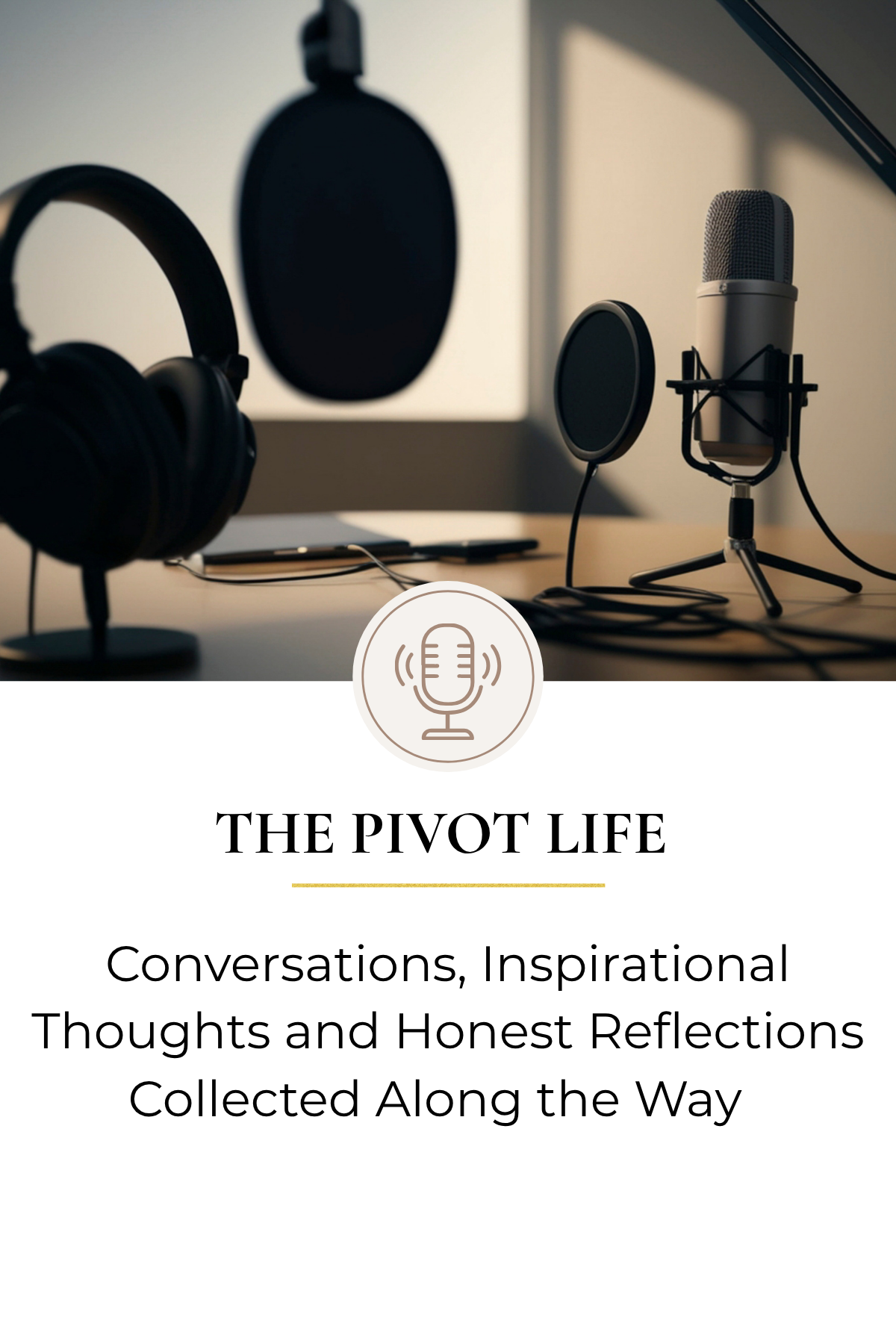 Audio recording setup with a microphone on a stand, pop filter, headphones on a table, and a laptop partially visible in the background.