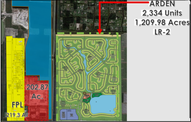 Map of land plots with various designated areas, including a large residential development labeled 'ARDEN' with 2,334 units on 1,209.98 acres, a red area marked '202.87 Ac.', a yellow area labeled 'FPL', and a blue pond in the residential area