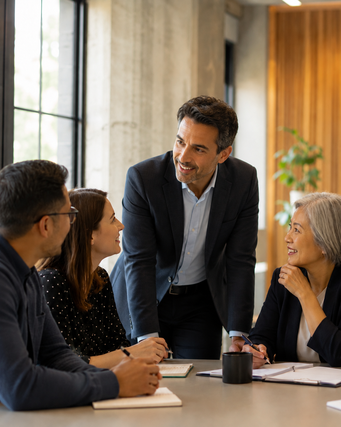 Business leader guiding a collaborative team meeting