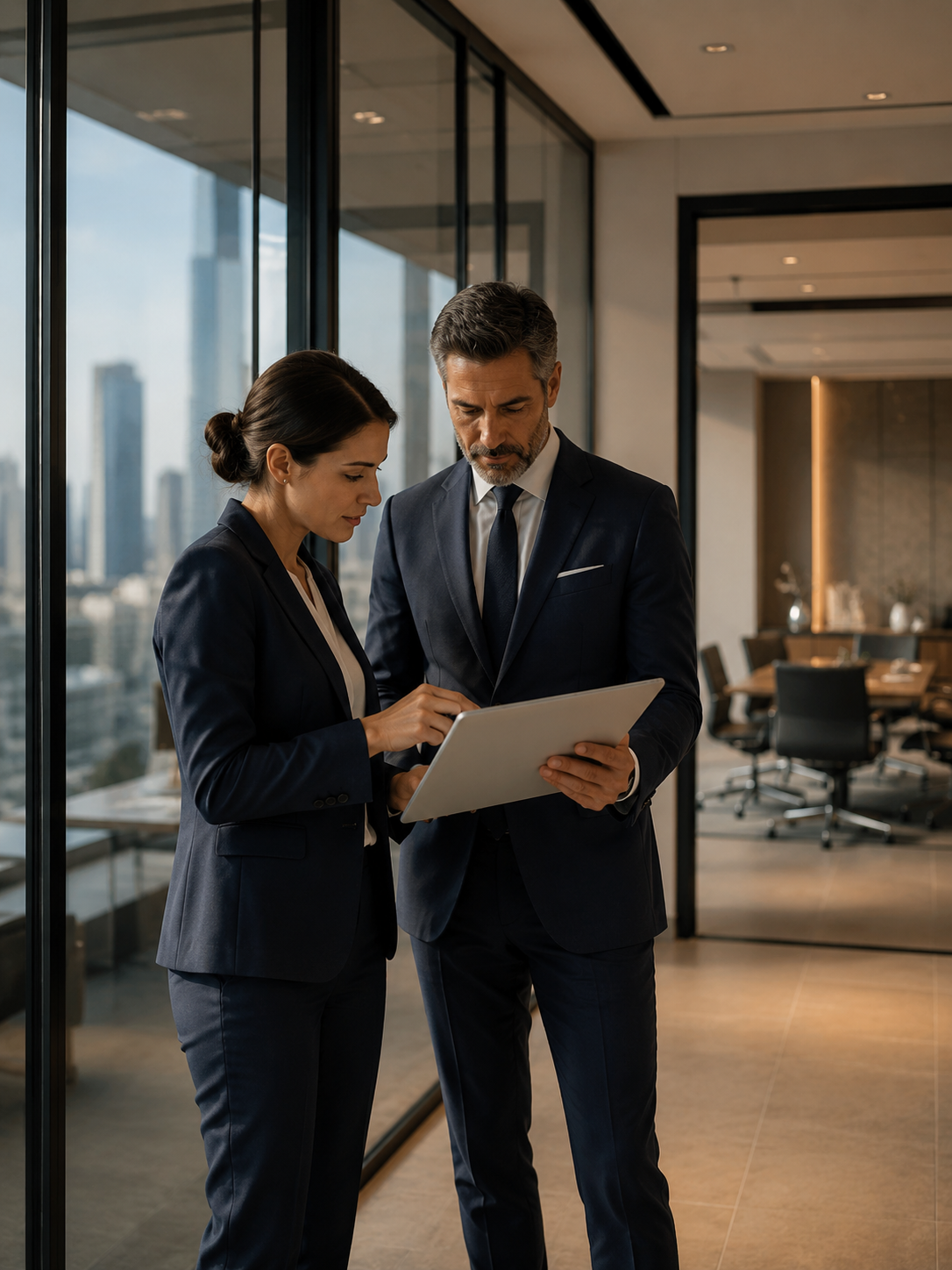 Two executives reviewing strategic plans in a modern office