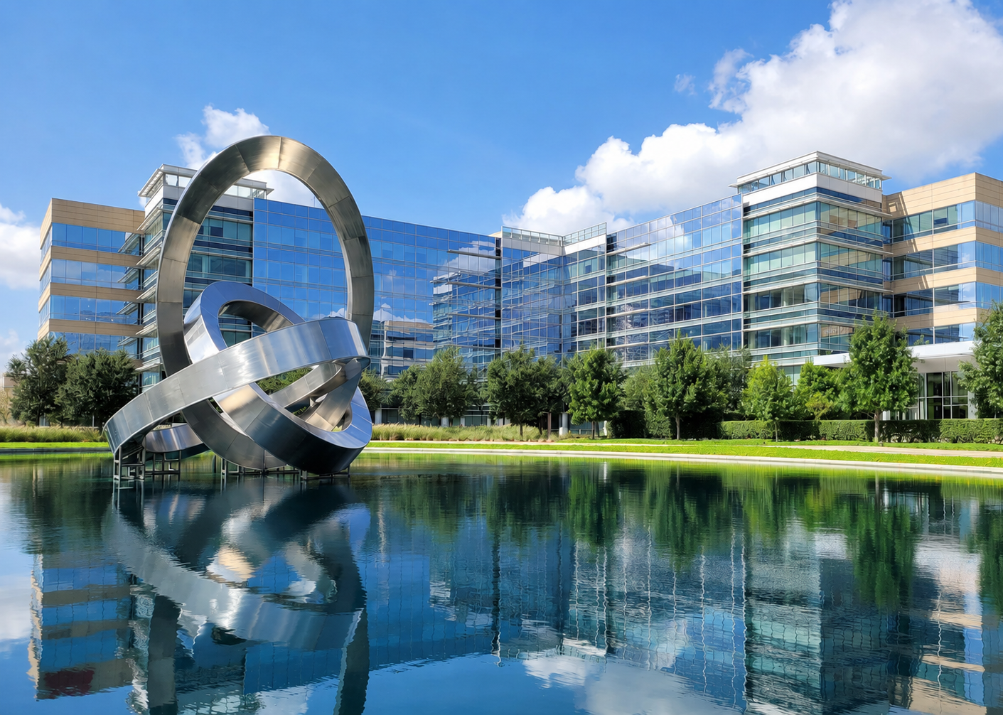 Modern corporate office campus with public art, landscaped grounds, and reflective water feature