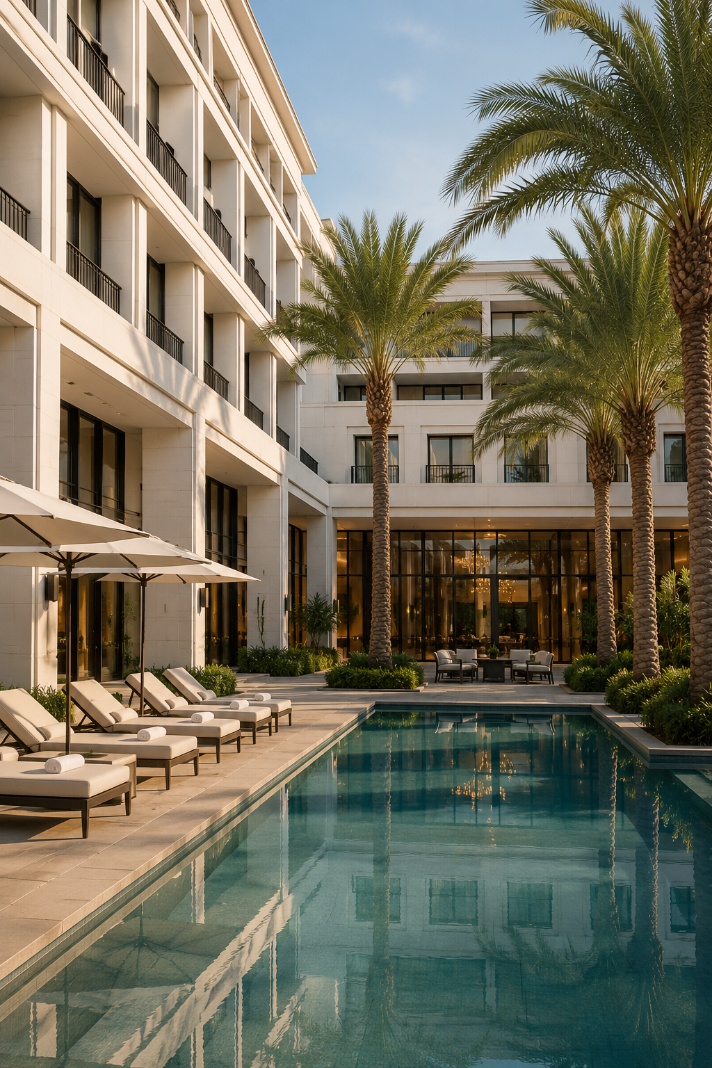 Upscale hotel courtyard with pool and palm trees