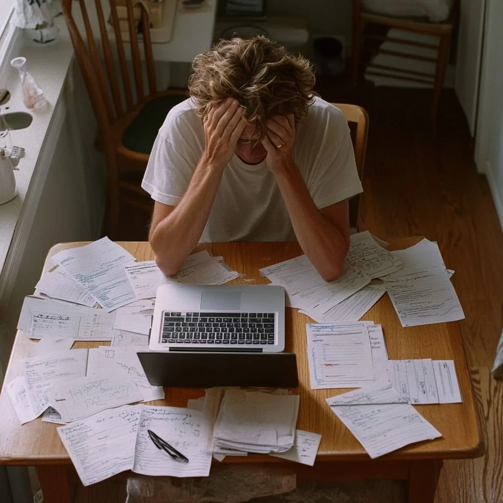 A woman sitting at a dining table covered with numerous sheets of paper, with her head in her hands, indicating stress or frustration, and a laptop in front of her.