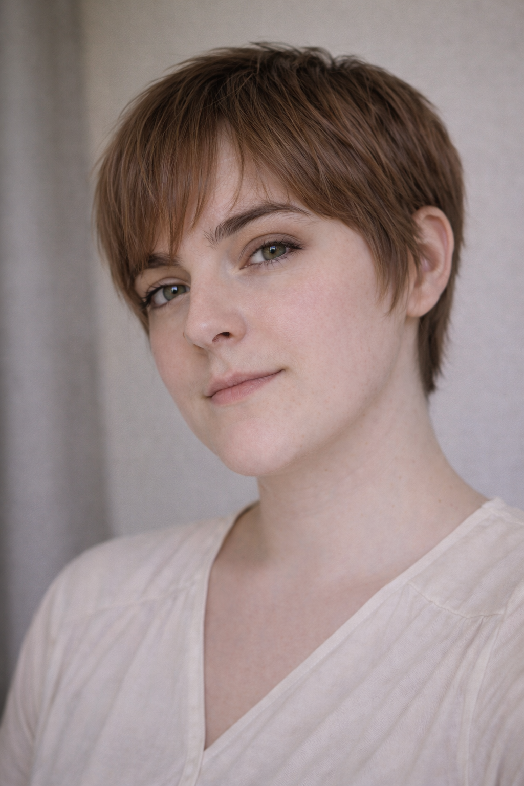 Close-up of a woman with short auburn hair and light skin, wearing a cream-colored V-neck top, looking slightly to the side with a subtle smile.