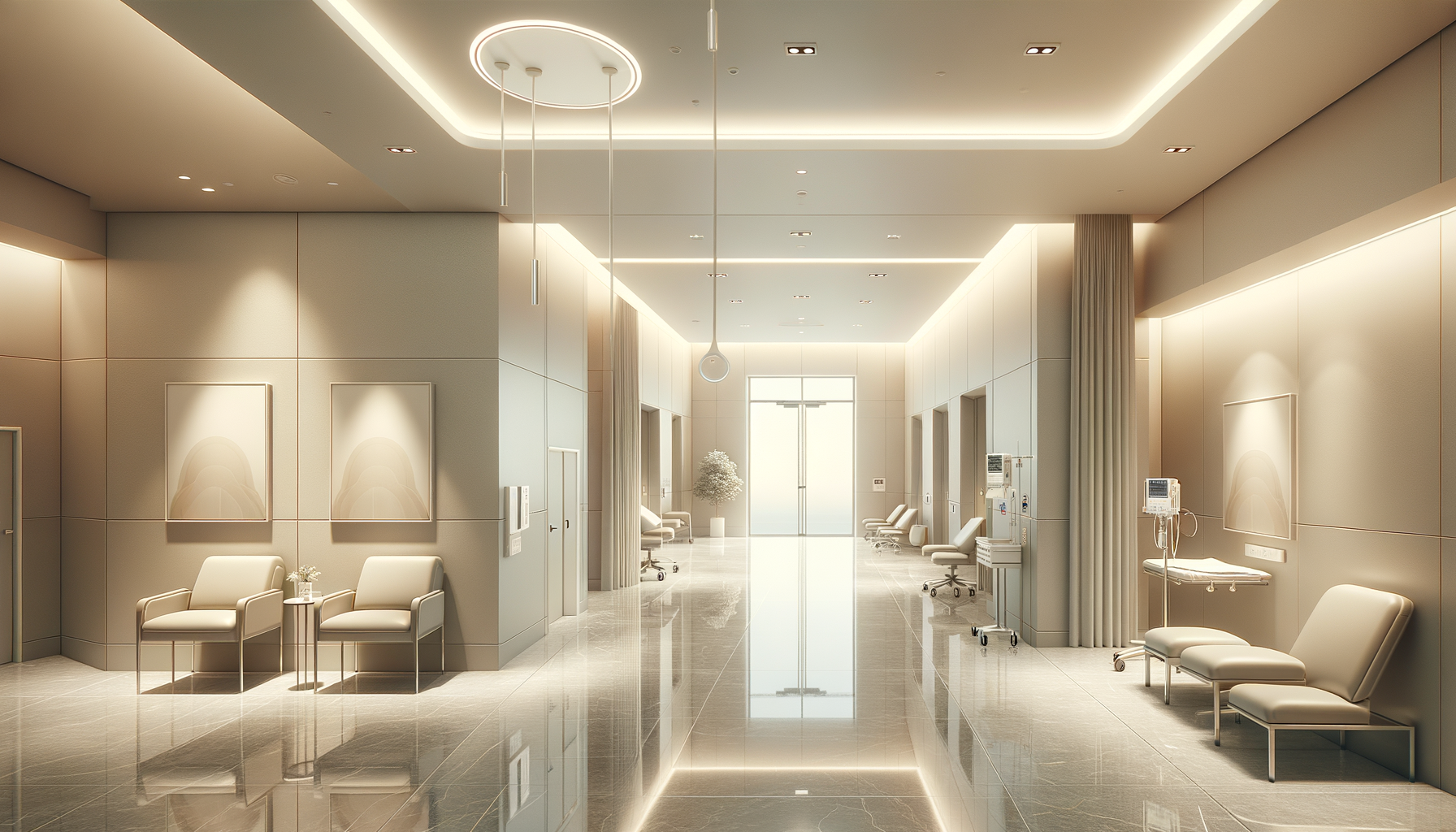 Modern hospital waiting area with beige walls, white chairs, medical equipment, and bright lighting.