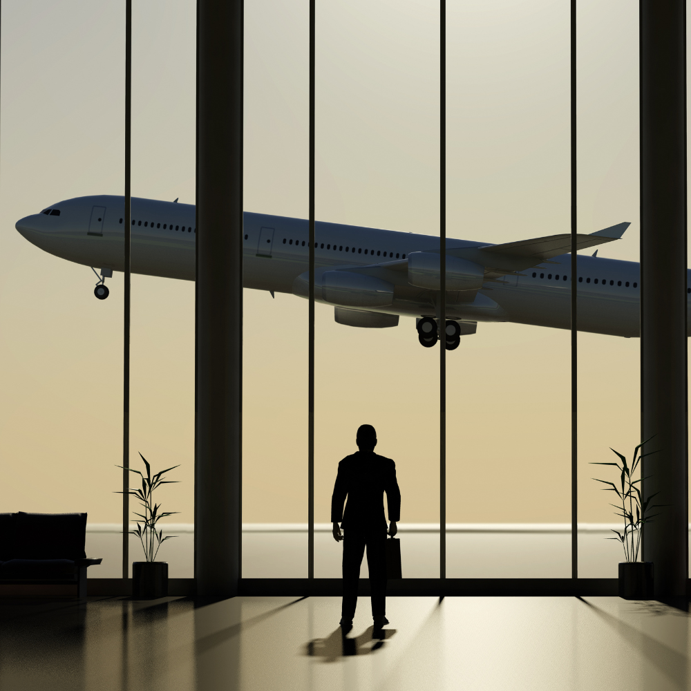 A person in a suit holding a briefcase, standing inside an airport terminal, looking out through large glass windows at an airplane flying in the sky at sunset.