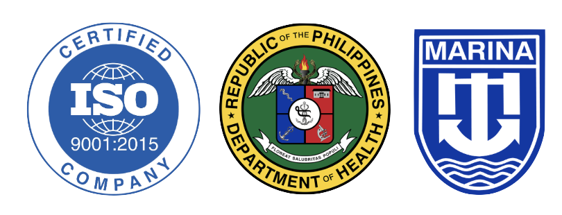 Logos of ISO 9001:2015 certification, Philippine Department of Health, and Marina (Maritime Industry Authority)