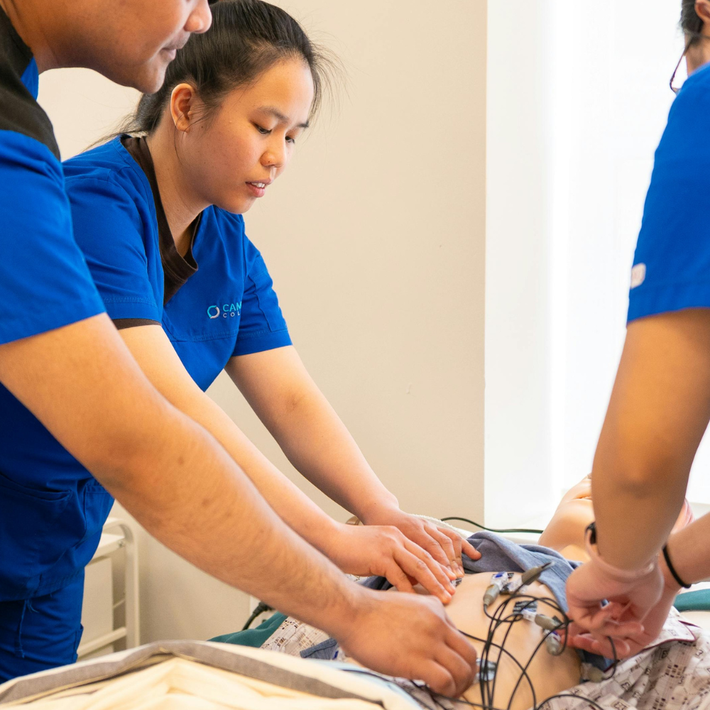 Medical professionals in blue scrubs performing a CPR training on a medical mannequin.
