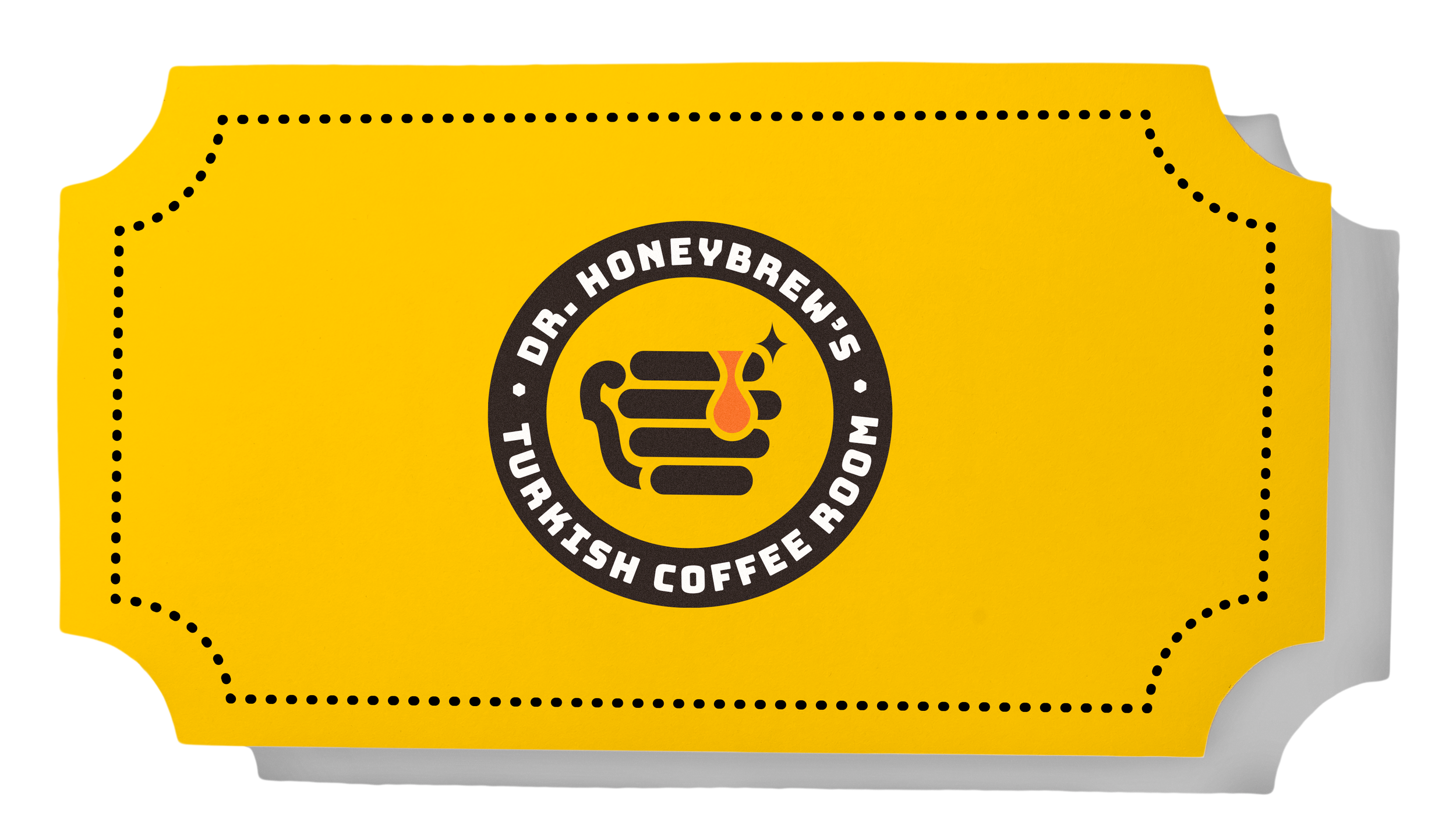 Logo of Dr. Honeybrew's Turkish Coffee Room on a yellow background, featuring a stylized coffee cup with dripping honey.