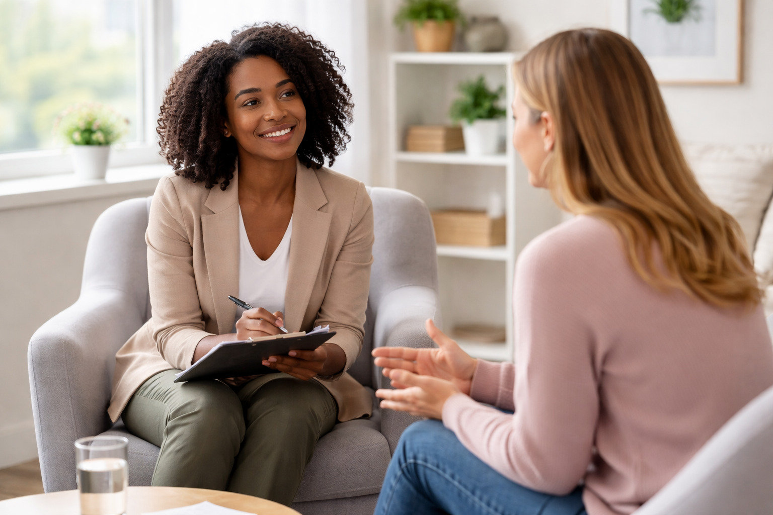 A woman with curly hair in a beige blazer and green pants is talking with another woman with straight hair in a pink sweater, inside a bright room with a window and decorative shelves.