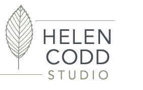 Helen Codd Studio Logo text grey green elm leaf line drawing