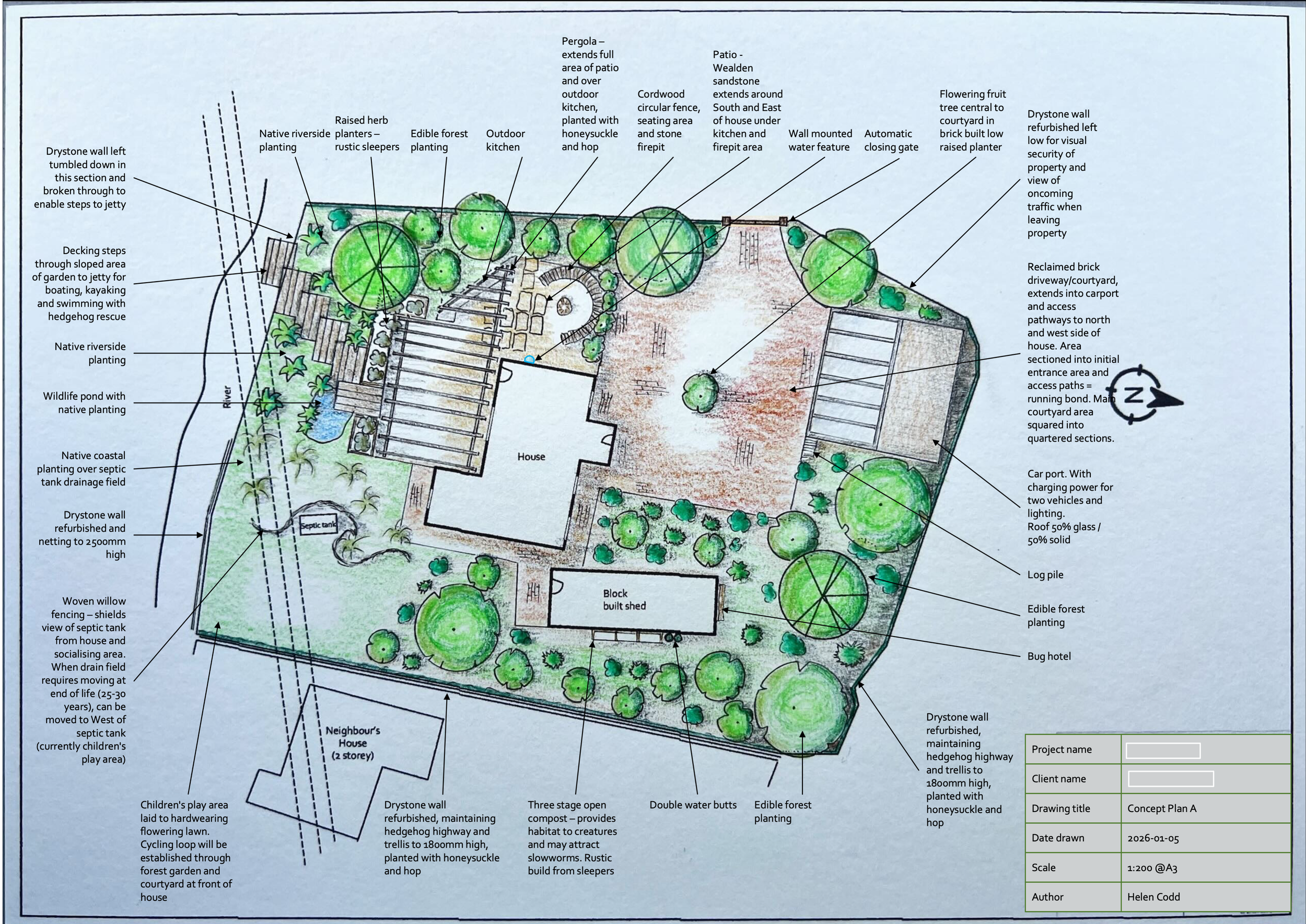 Rural family garden with cottage‑wild planting and space to grow - Concept Plan A 