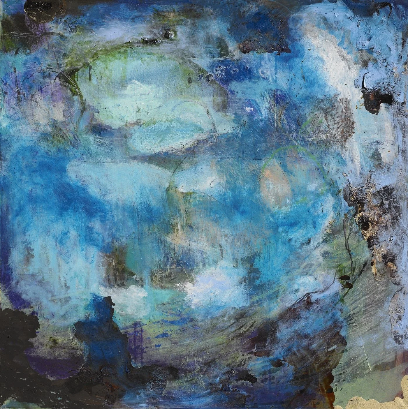 Abstract painting in layered shades of blue, green, and white with fluid, swirling textures suggesting water, movement, and submerged forms.