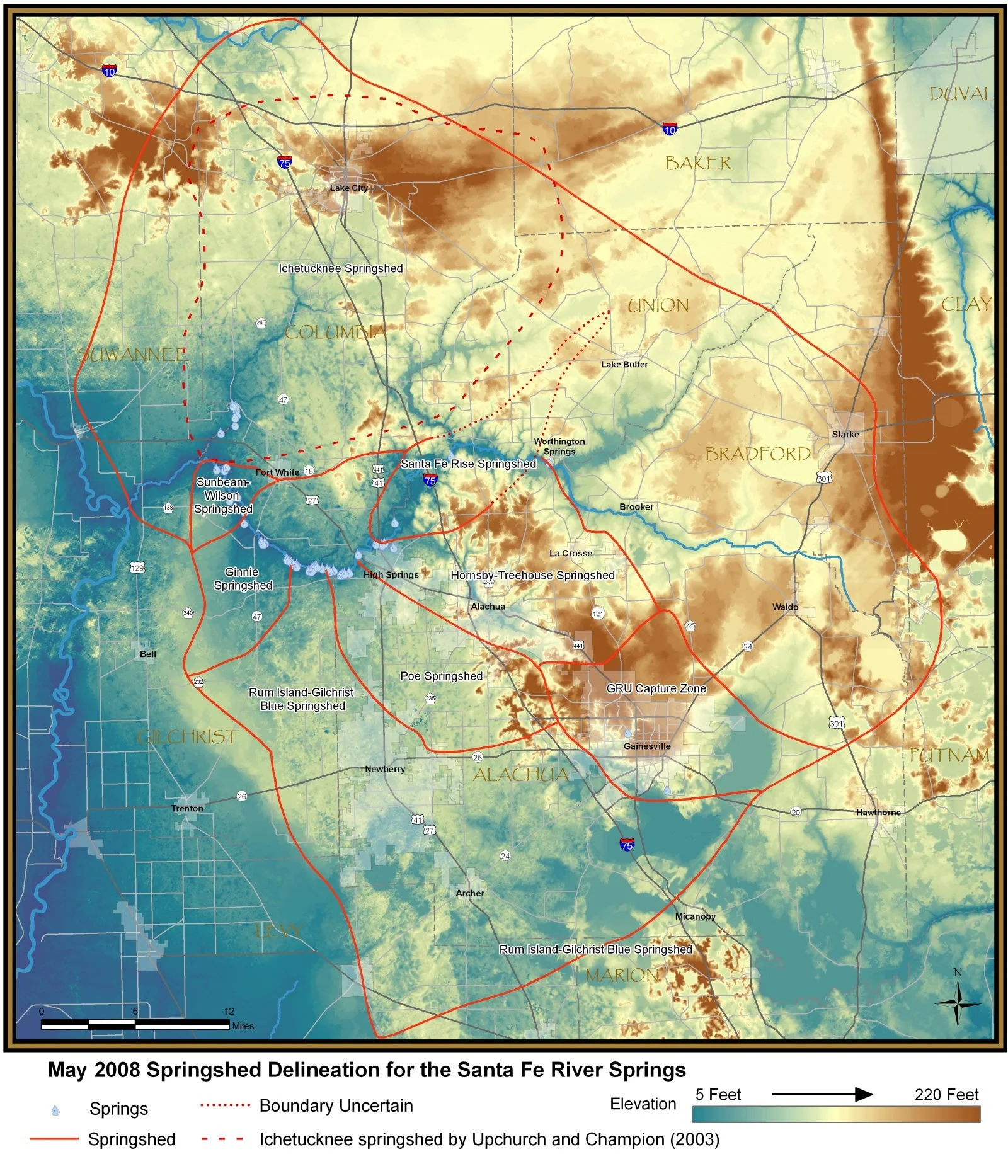 Map of the Santa Fe River springshed showing watershed boundaries, spring locations, and elevation across north Florida.