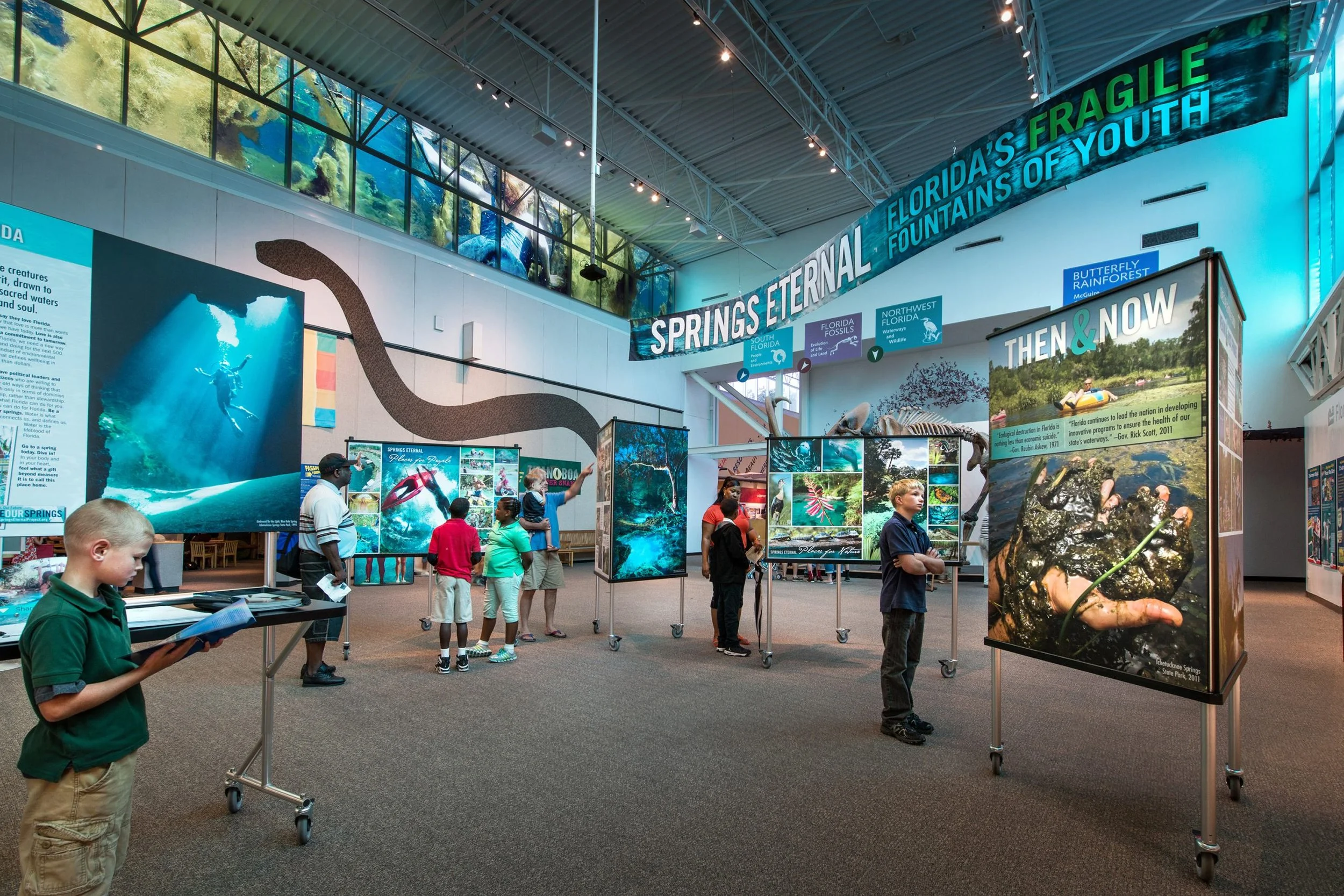 Visitors explore the “Springs Eternal: Florida’s Fragile Fountains of Youth” exhibition, viewing large photographs and displays about Florida’s springs inside a museum gallery.