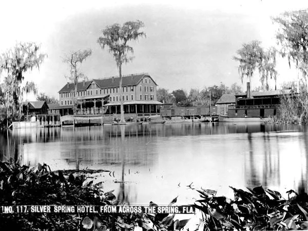 Historic black-and-white view of Silver Springs hotel and waterfront from across the water