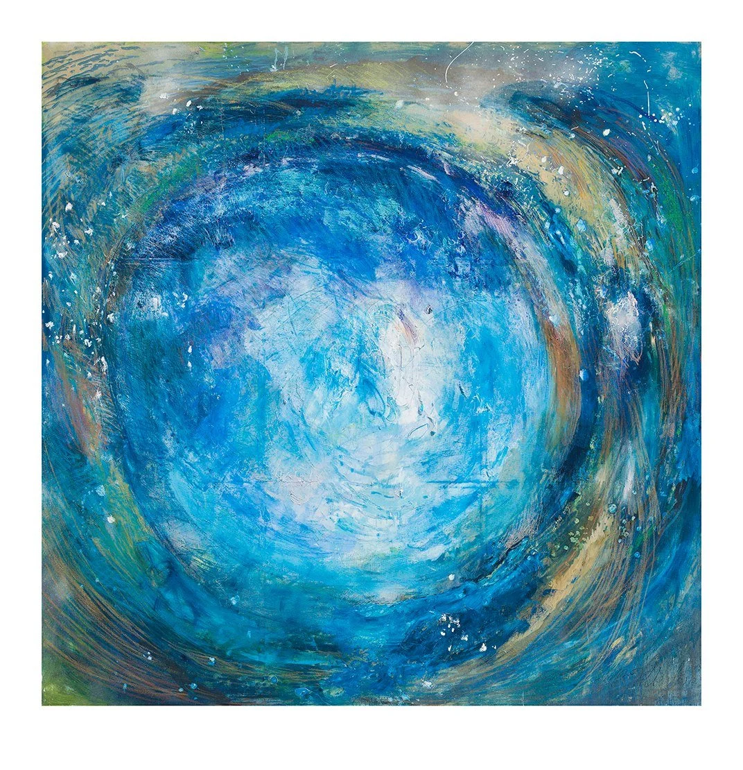 Abstract painting in swirling shades of blue, teal, and white, forming a circular, water-like composition with layered textures and light at the center.
