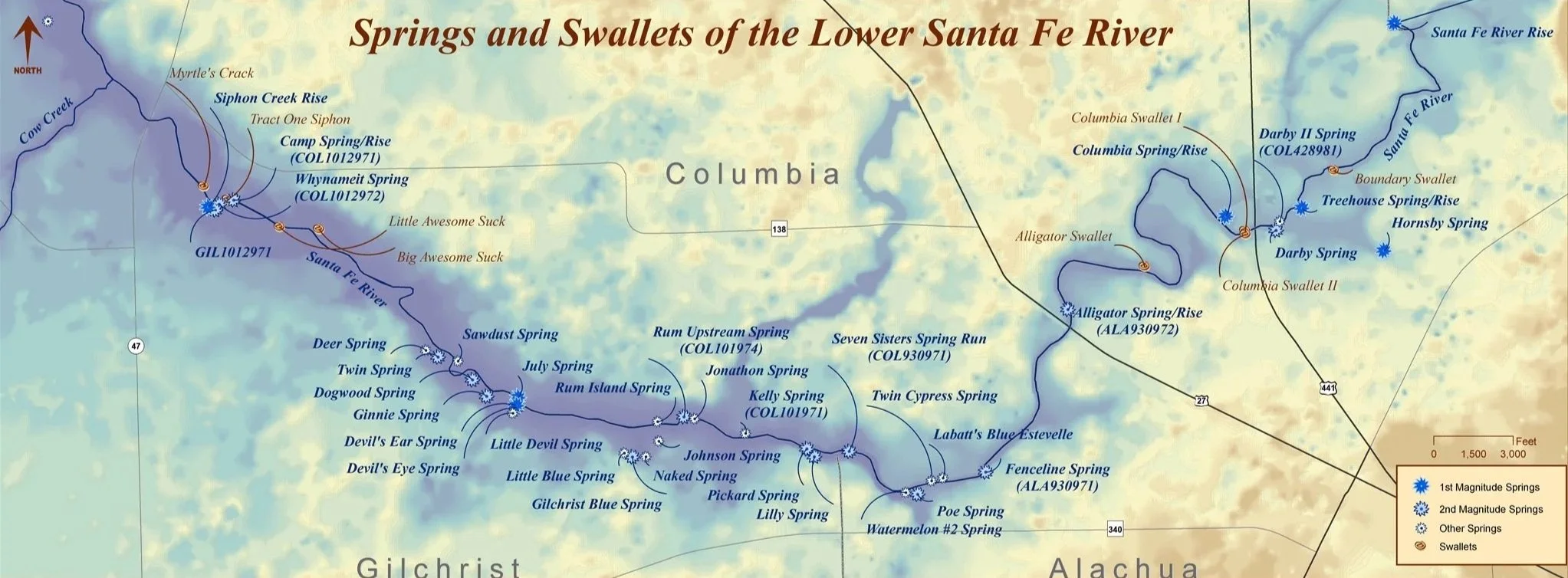Map of the lower Santa Fe River showing the locations of springs and swallets across Columbia, Gilchrist, and Alachua counties.