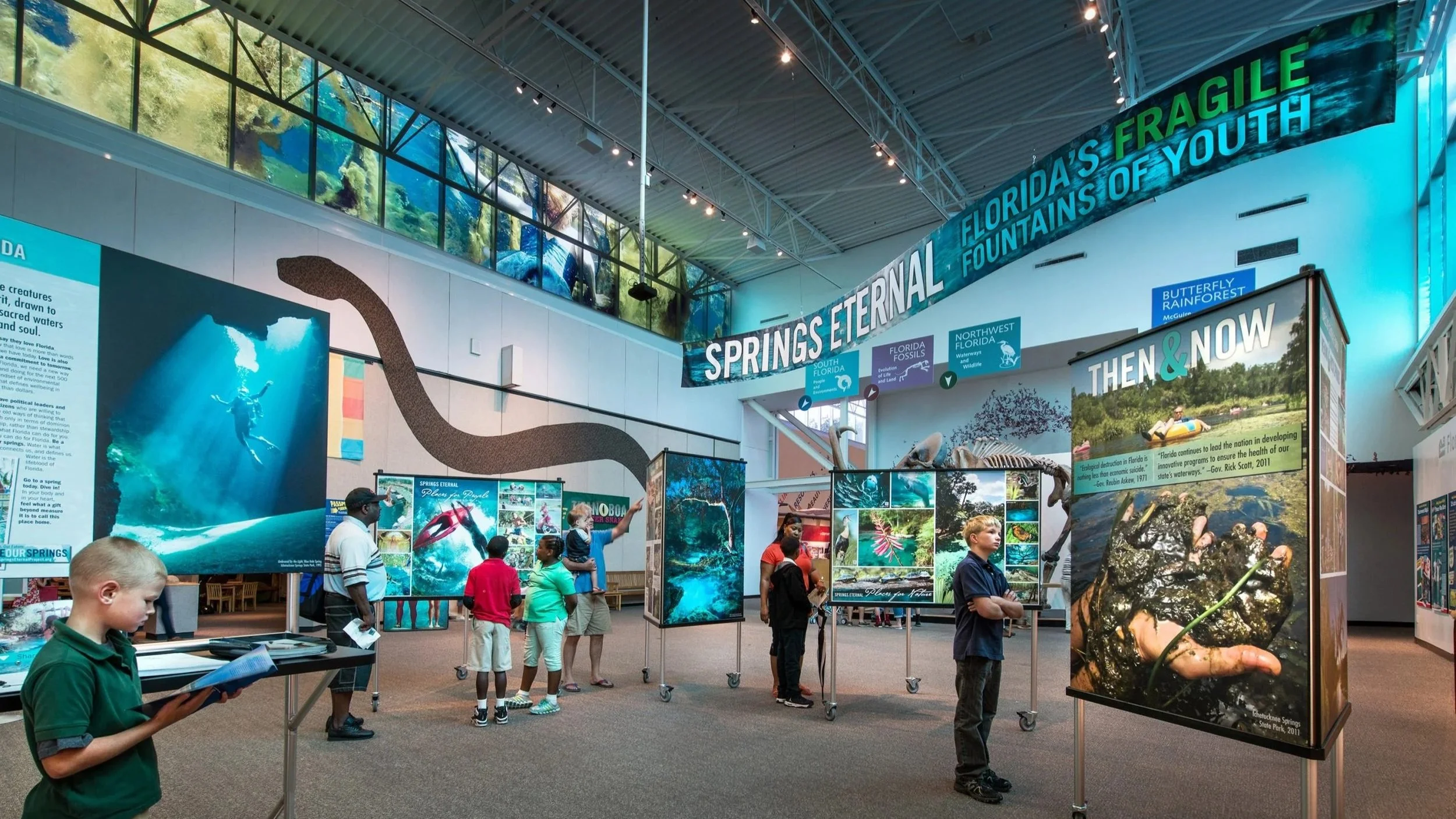 Visitors explore the “Springs Eternal: Florida’s Fragile Fountains of Youth” exhibition, viewing large photographs and displays about Florida’s springs inside a museum gallery.