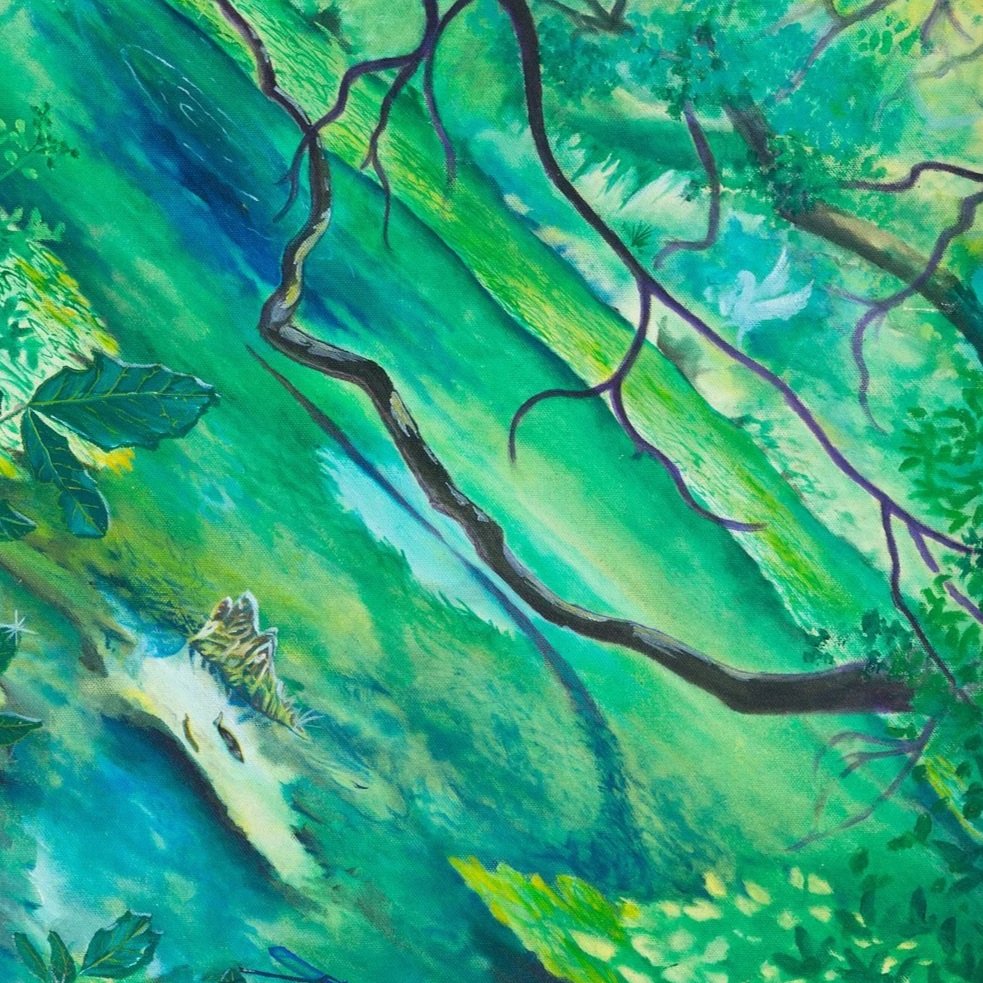 Vibrant painting of a clear spring run seen from above, with twisting tree branches, bright green water.