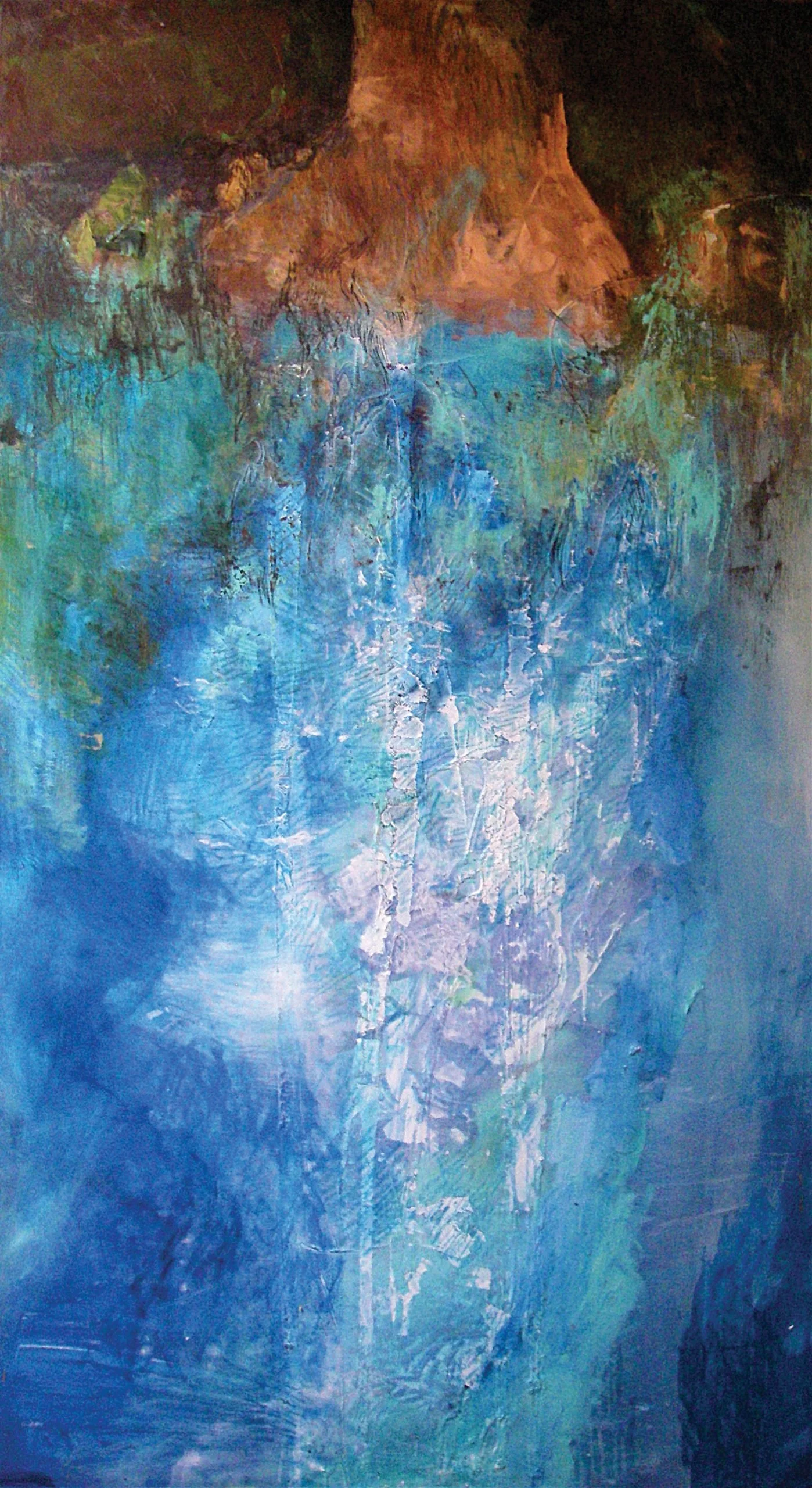 Abstract painting with layered blues, greens, and earthy tones suggesting underwater spring depths and reflections, with textured brushstrokes evoking water and light.