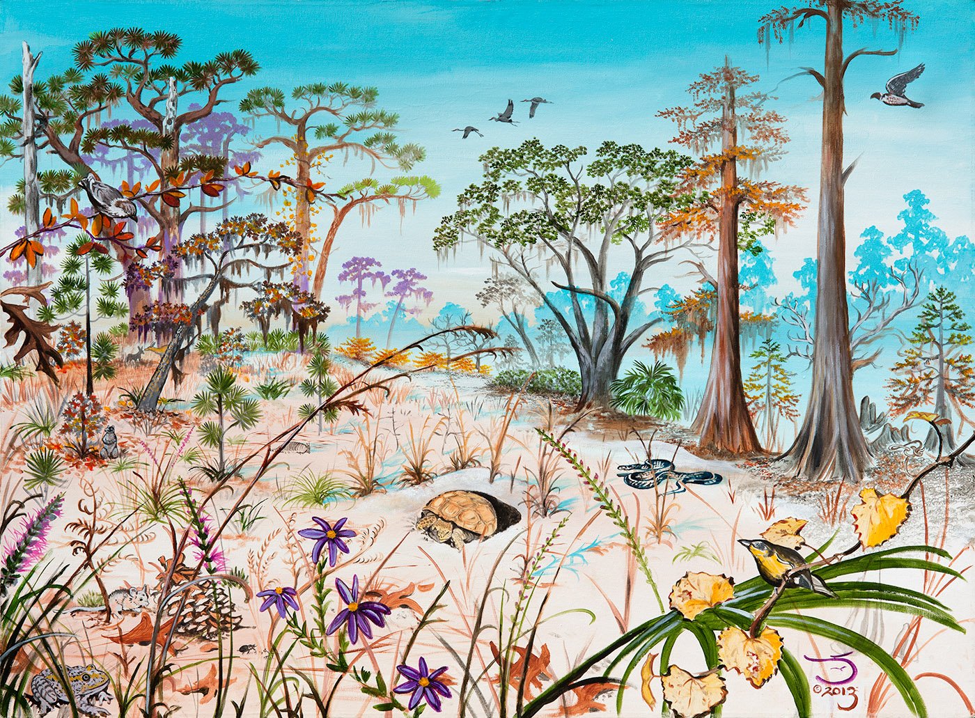 Painting of a North Florida sandhill landscape with longleaf pines, grasses, wildflowers, and native wildlife including birds, a tortoise, and small mammals.
