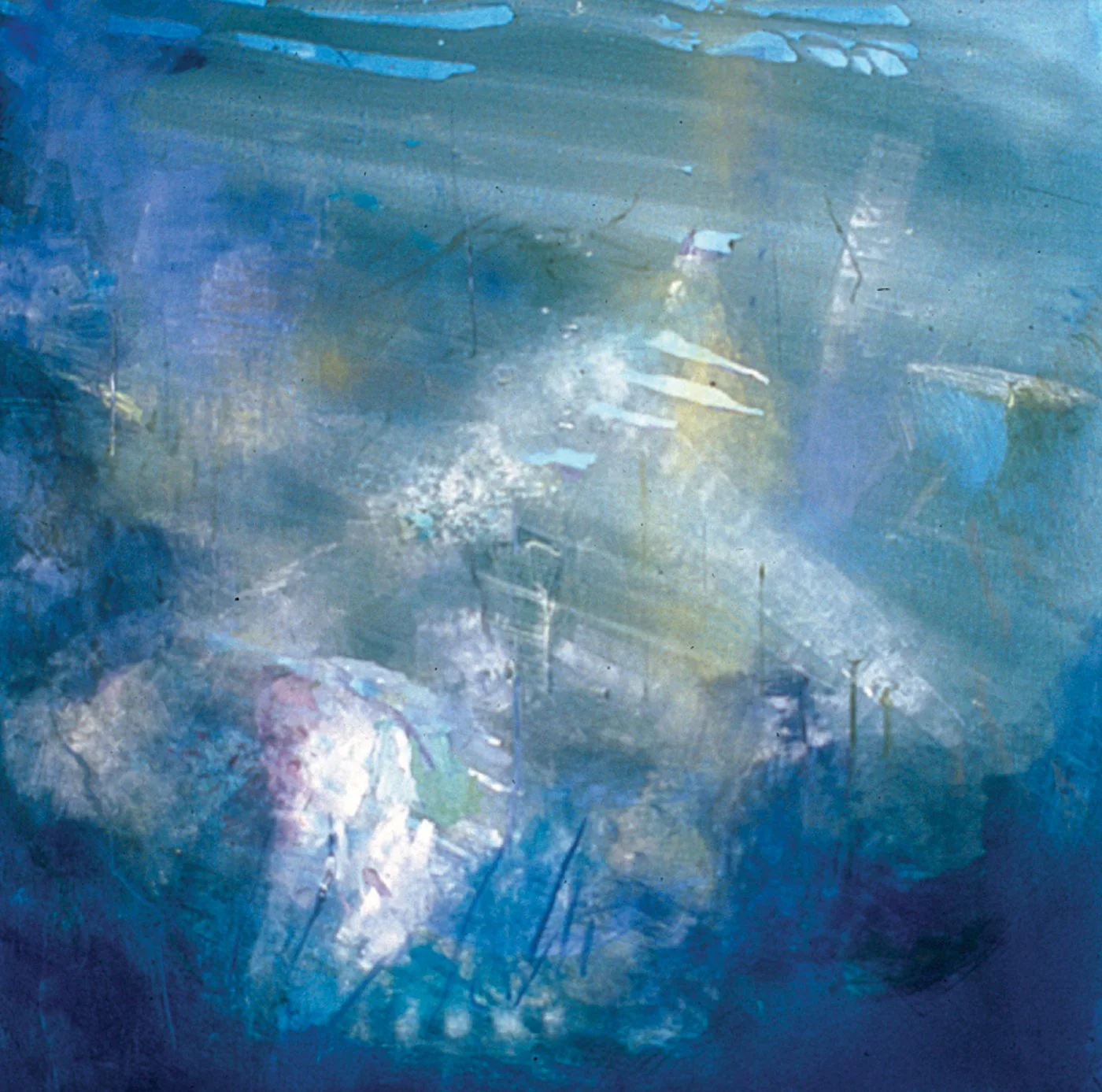 Abstract painting in layered blues and greens with soft, luminous forms and textured brushwork suggesting water and light.