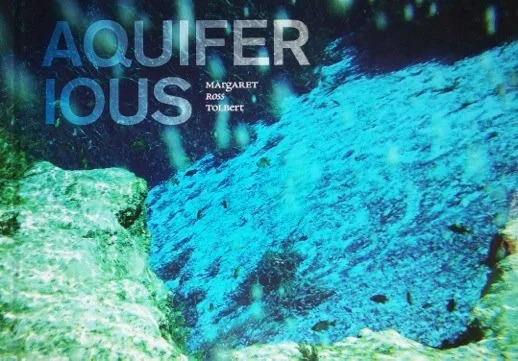 Underwater view of a freshwater spring with bright blue water flowing over limestone rocks, with the title “Aquiferious” overlaid.