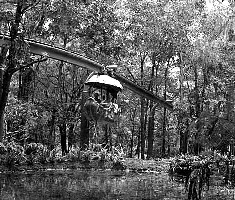 Historic black-and-white image of a leaf-shaped monorail car suspended on a track above a forested area at Rainbow Springs.