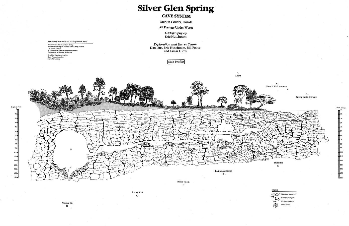 Diagram of the Silver Glen Spring cave system showing underground passages, depth levels, and labeled features beneath a forested landscape.